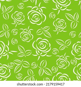 Roses flowers and leaves, seamless pattern. Linear simple style. Cute design for clothes, paper, wallpaper, packaging. Vector drawing. Single color illustration. On a colored background