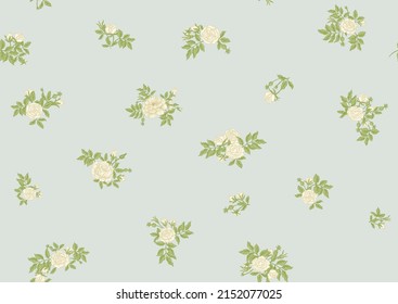 Roses flowers on branches. Millefleurs trendy floral design. Seamless pattern, background. Vector illustration. On soft blue background