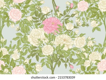 Roses flowers on branches. Millefleurs trendy floral design. Seamless pattern, background. Vector illustration. On soft blue background