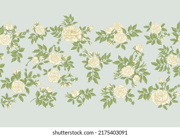 Roses flowers on branches. Millefleurs trendy floral design. Seamless border pattern, linear ornament, ribbon Vector illustration. On green background