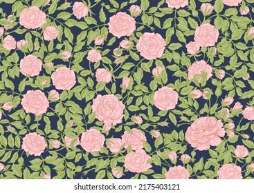 Roses flowers on branches. Millefleurs trendy floral design. Seamless pattern, background. Vector illustration. On blue denim background