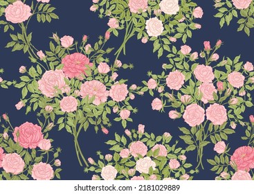 Roses flowers on branches. Millefleurs trendy floral design. Seamless pattern, background. Vector illustration. On blue denim background