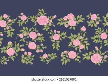 Roses flowers on branches. Millefleurs trendy floral design. Seamless border pattern, linear ornament, ribbon Vector illustration. On blue denim background