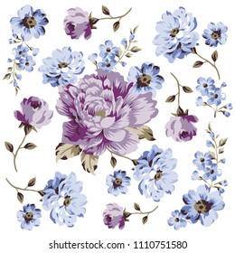 Roses And Flowers pattern decorative floral drawings blue, lilac colors for textile pattern, fashion print, dressing print