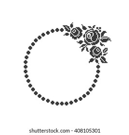 Roses. Flowers. Round frame. Cross stitch. Scheme of knitting and embroidery. Vector.