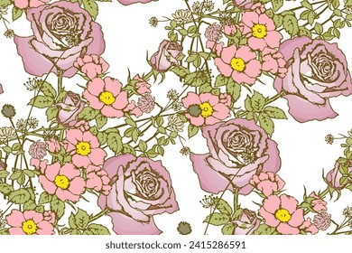Roses and flowers. Seamless abstract pattern. Suitable for fabric, mural, wrapping paper and the like