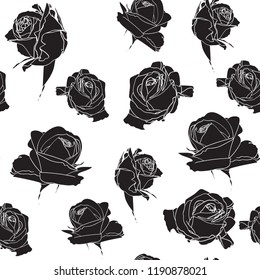 Roses flowers seamless pattern. Blooming spring summer line flowers illustration. White background.