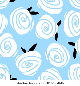 Roses flowers seamless pattern on a blue background. Simple vector hand drawn botanical illustration in scandinavian style. Ideal for printing textiles, baby clothes, wallpapers, packaging and more.