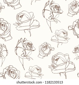 Roses flores textura de patrón sin fisuras. Esbozo sepia marrón sobre fondo beige. Floreciente ilustración de flores de verano de primavera. Ilustración de diseño vectorial para la moda, decoración, tela, textil.