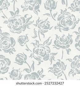 Rosas. Flores Padrão De Cinza Vetor Sem Costura. Flores e Folhas de Rosa.  Fundo floral monocromático vintage. 