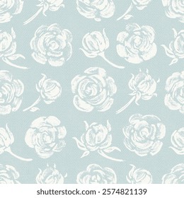 Roses. Flowers Seamless Vector Pattern. Rose Flowers and Leaves. Monochrome Vintage Floral Blue Background