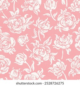 Rosas. Flores Padrão De Rosa Branco Vetor Sem Costura. Flores e Folhas de Rosa. Fundo floral monocromático vintage. 