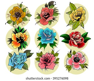 Roses Flowers Set in Traditional Tattoo Style