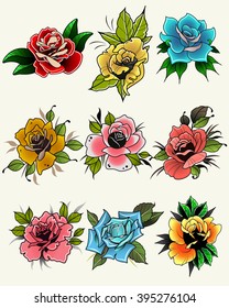 Roses Flowers Set in Traditional Tattoo Style