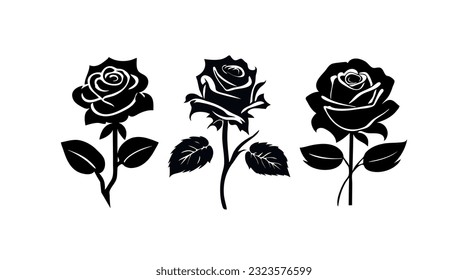 Roses flowers silhouette set vector drawing.Floral beautiful wedding element.Black stencil tattoo design.Decor.Decoration.Vinyl wall sticker decal.Plotter laser cutting.Beauty salon logo.DIY cut 