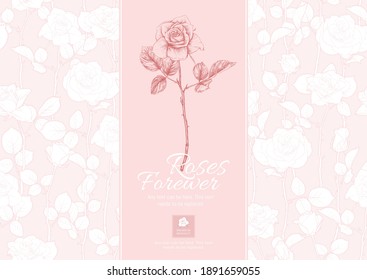 Roses flowers Template for product label, cosmetic packaging, for wedding invitation, greeting card, banner, gift voucher. Easy to edit. Colored vector illustration..