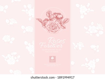 Roses flowers Template for product label, cosmetic packaging, for wedding invitation, greeting card, banner, gift voucher. Easy to edit. Colored vector illustration..