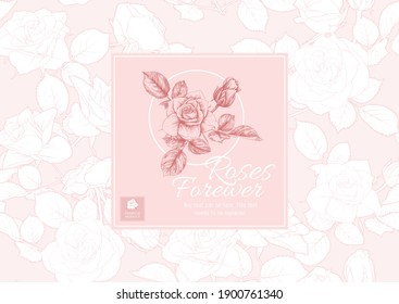 Roses flowers Template for product label, cosmetic packaging, for wedding invitation, greeting card, banner, gift voucher. Easy to edit. Colored vector illustration..