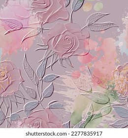 Roses flowers textured 3d seamless pattern. Floral embossed dirty background. Colorful watercolor backdrop. Line art rose flowers, leaves, splatters, splashes. Hand drawn surface emboss roses ornament