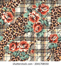 Roses flowers with typography leopard skin and tartan plaid background abstract vector seamless pattern