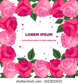 Roses flowers Vector frame decor. Pink floral card backgrounds