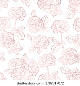 Roses Flowers Vector Outline. Rose Gold Flower and Leaves Seamless Pattern. Pink Floral Vintage Background