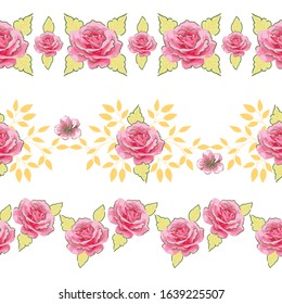 Roses Flowers Vector Seamless Horizontal Borders Set