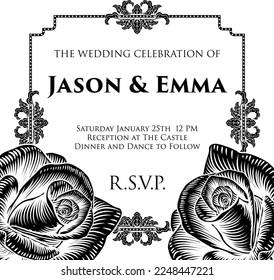 Un mariage de fleurs de roses invite un cadre d'arrière-plan dans un style rétro gravé de bois. Peut aussi servir d'invitation funéraire.