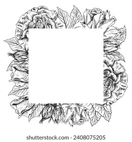 Roses flowers wreath. Vector border frame. . Hand drawn sketch artwork. Love bohemia concept for wedding invitation, card ticket, branding, boutique logo label. Black and white