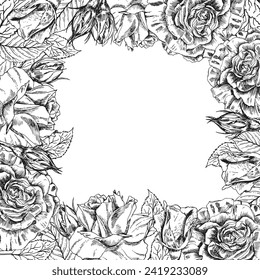 Roses flowers wreath. Vector border frame. . Hand drawn sketch artwork. Love bohemia concept for wedding invitation, card ticket, branding, boutique logo label. Black and white