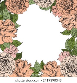 Flores de rosas coronaban. Marco de borde del vector. Peach fuzz. Obra de dibujos a mano. Concepto de bohemia amorosa para la invitación a la boda, boleto de tarjeta, marca, etiqueta del logo de la boutique. Negro y blanco