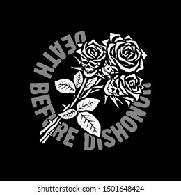 Roses in the form of skulls with the inscription "death before dishonor". T-shirt design. Vector.