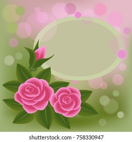 roses, frame, green and pink background.