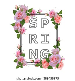 Roses and Frame print with slogan BEAUTIFUL. Can be used for t-shirt design and other uses. Vector Illustration.
