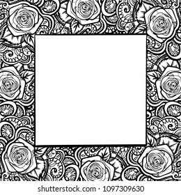 roses frame quad rectangle border with leaves and mehndi black and white  doodle ornament hand drawn, vector banner illustration background