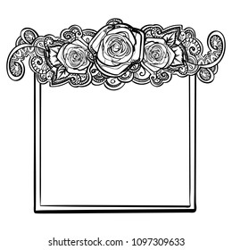 roses frame quad rectangle border with leaves and mehndi black and white  doodle ornament hand drawn, vector banner illustration background