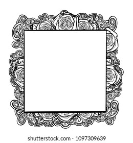 roses frame quad rectangle border with leaves and mehndi black and white  doodle ornament hand drawn, vector banner illustration background