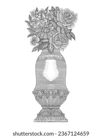 roses and frangipani flowers with antique ornament medieval vase, hand drawing vintage engraving style 
