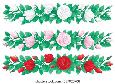 Roses garlands. Three vector banners with red, pink and white roses..
