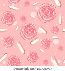 Roses and gemstones seamless pattern on a pink background. Flowers and precious quartz repetitive objects.
