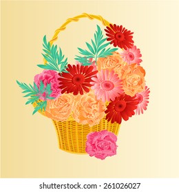Roses and gerber as in a basket festive background vector