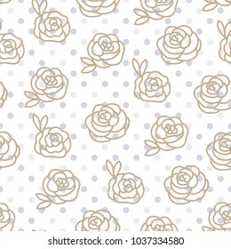 Roses gold on the polka dot. Seamless vector pattern isolated on white background. Light palette.