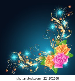Roses with golden ornament and glowing stars