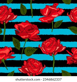 roses with green leaves and black stripes seamless vector repeat pattern. Dark warm colored red roses with black patchy stripes on blue sky like background seamless vector repeat pattern.