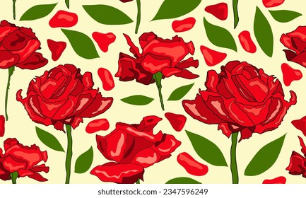 rosas con hojas verdes y pétalos texturados rojizos sin costura vectorial. Rosas rojas con hojas verdes y pétalos que repiten sin fisuras. Adecuado para tejidos, baldosas, textiles, decoración, envoltura.