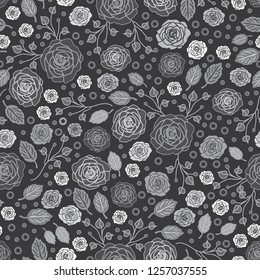 Roses in Grey-Flowers in Bloom seamless repeat pattern Background in Grey and White