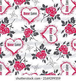 Roses and grunge hearts pattern design on scribble background