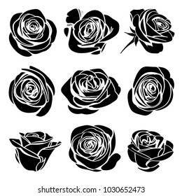 Roses hand drawn set. Black silhouettes rose flowers inflorescence with white lines isolated on white background. Icon collection. Vector doodle illustration