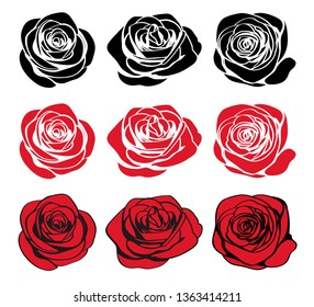 Roses hand drawn set. Black silhouettes rose flowers inflorescence, red silhouettes and red rose wiht black outlines isolated on white background. Flower icon collection. Vector doodle illustration