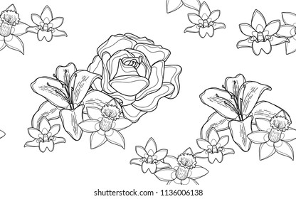 Roses and hawaiian flowers. Big leaves and exotic flowers composition. Vector illustration. Botanical seamless wallpaper. Digital nature art. Cartoon style sketch. White background.